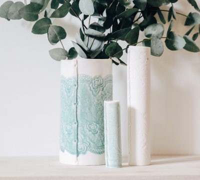 A textured Porcelain Vase ~ with Cath Ball of 'Stitched Ceramics'